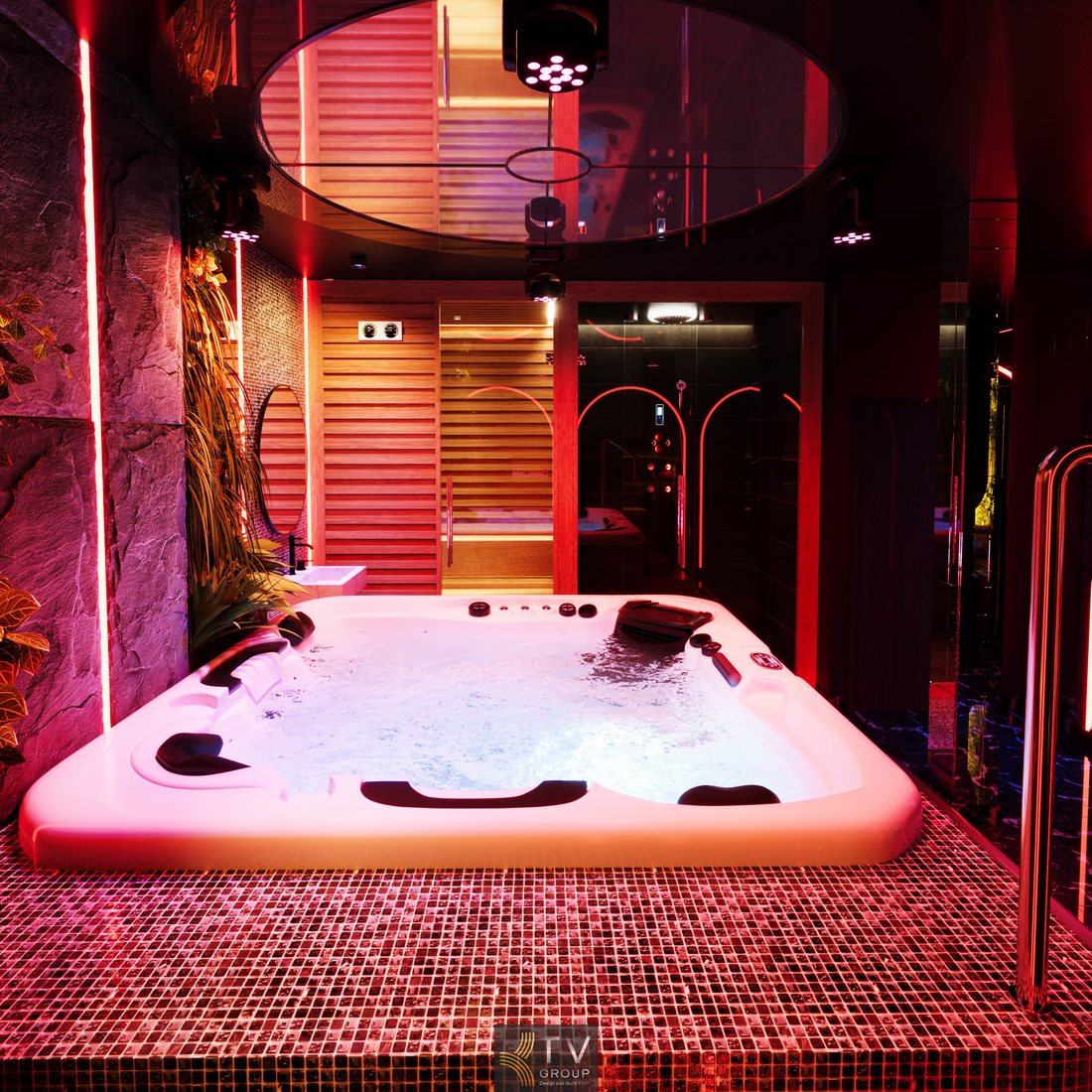 Nội thất phòng massage VIP kết hợp karaoke với bồn tắm mosaic, ánh sáng đỏ nổi bật, vật liệu cao cấp và thiết kế tối ưu trải nghiệm khách hàng 