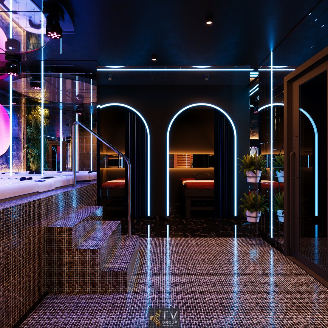 Phòng spa massage karaoke Quận 1 với bồn tắm jacuzzi, phòng xông hơi và hệ thống ánh sáng LED tạo hiệu ứng thư giãn sang trọng 