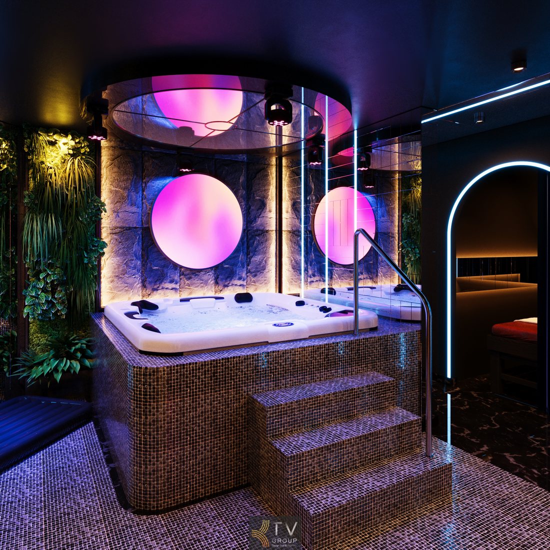 Spa massage kết hợp karaoke với phòng xông hơi gỗ, bồn tắm lớn và ánh sáng đỏ tím tạo cảm giác thư giãn cao cấp 