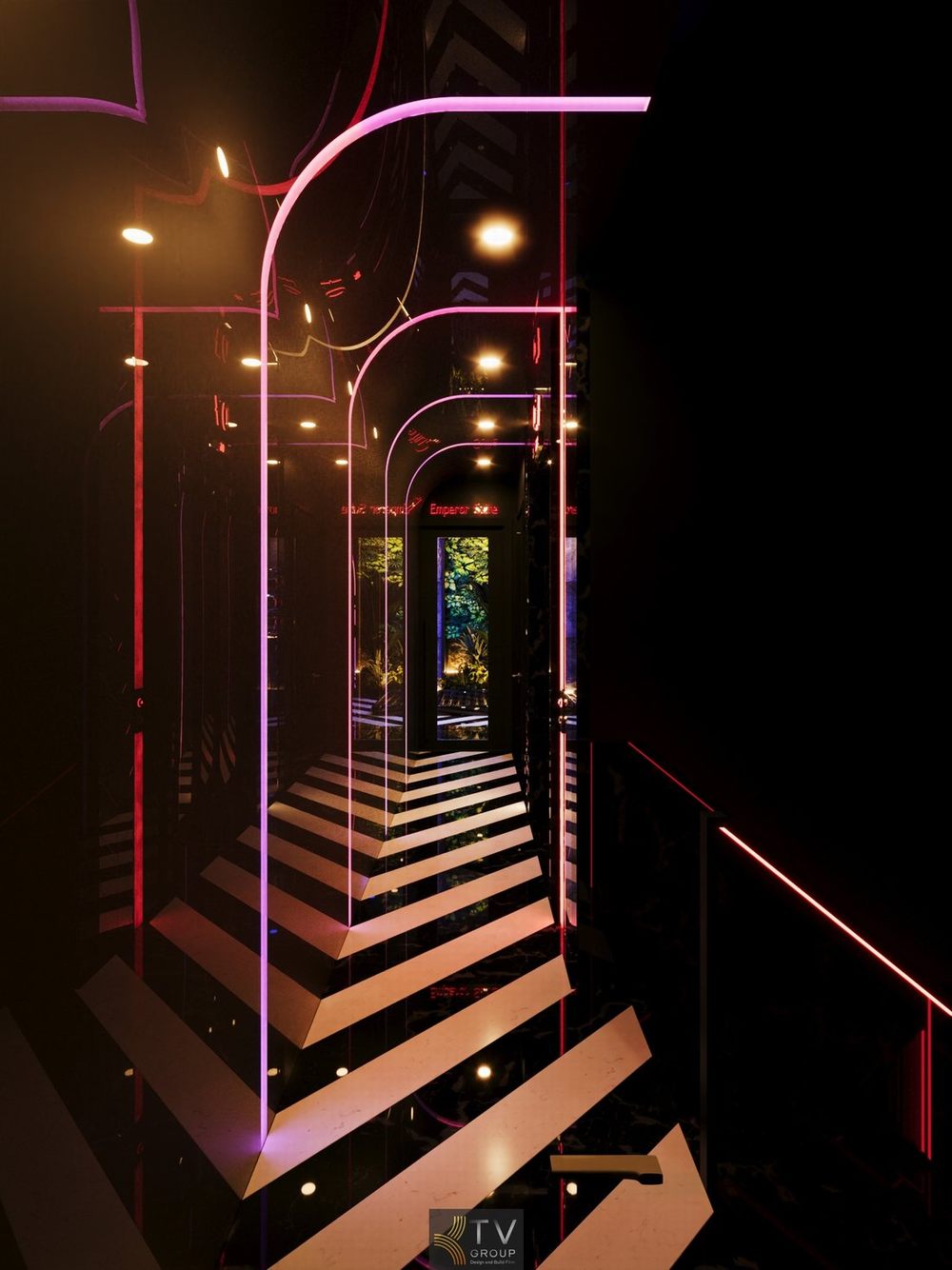 Không gian spa massage với bồn tắm jacuzzi, ánh sáng đỏ và vật liệu cao cấp giúp nâng cao giá trị dịch vụ và thu hút khách hàng cao cấp