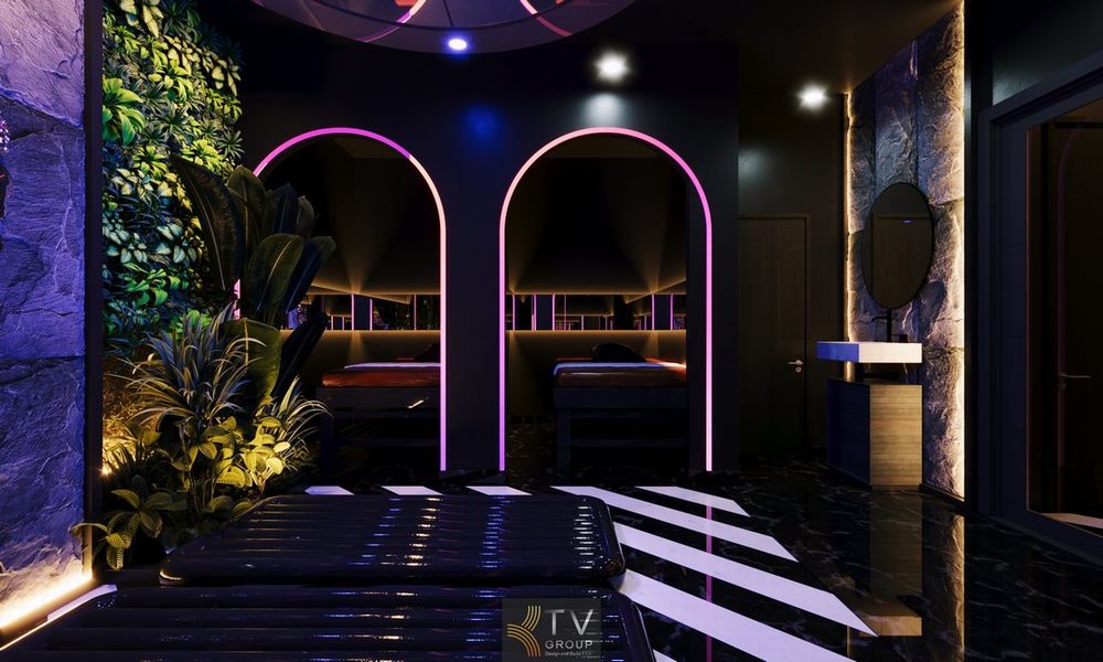 Mẫu thiết kế spa jacuzzi cao cấp kết hợp phòng karaoke với ánh sáng nghệ thuật và không gian thư giãn riêng tư tại Quận 1 TP.HCM
