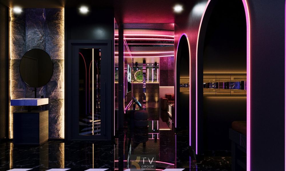 Thiết kế bồn jacuzzi spa kết hợp ánh sáng LED đỏ, gạch mosaic cao cấp và không gian sang trọng tạo nên điểm nhấn nổi bật trong phòng spa karaoke