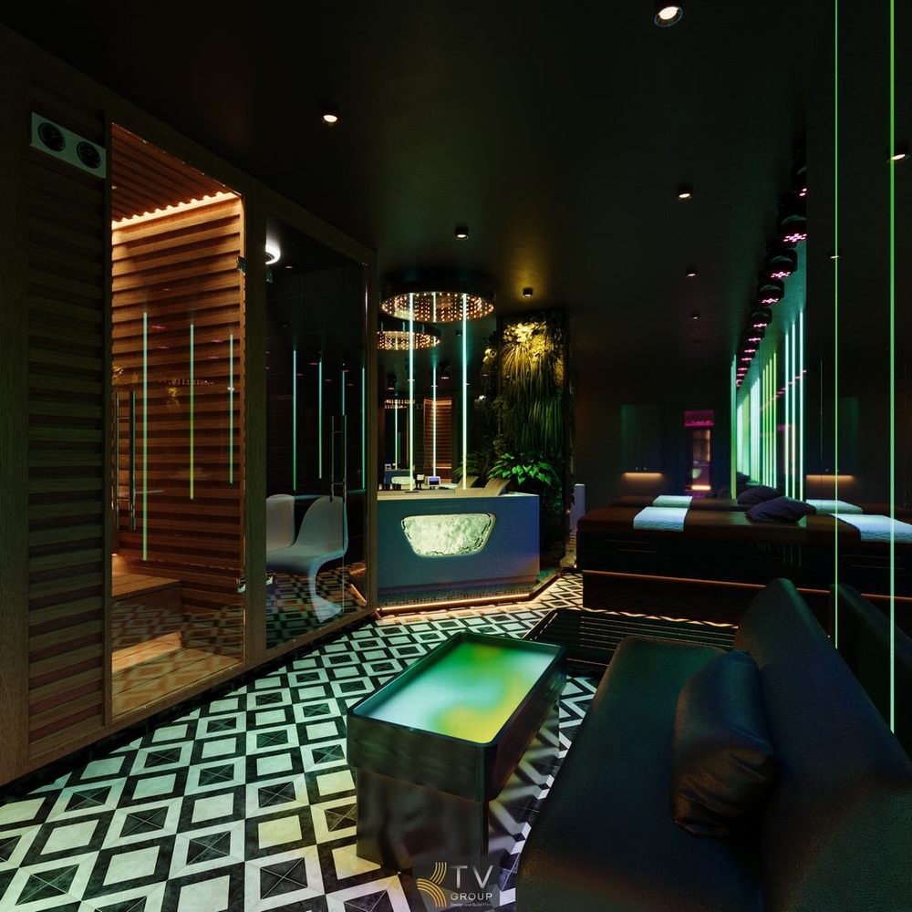 Thiết kế nội thất spa kết hợp karaoke KTV với ánh sáng LED hiện đại, bố trí giường thư giãn và không gian sang trọng giúp nâng cao trải nghiệm khách hàng