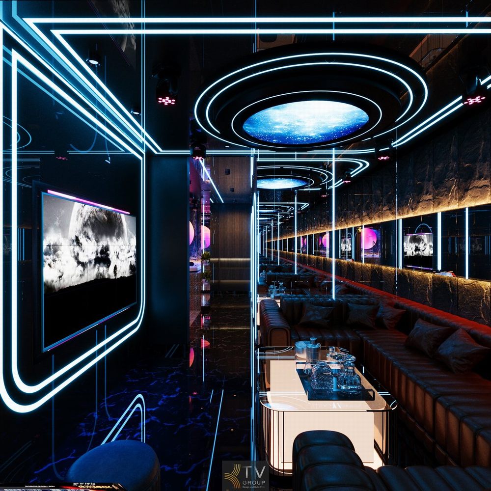 Phòng spa karaoke cao cấp với giường tròn, ánh sáng LED dọc trần và thiết kế hiện đại giúp tối ưu trải nghiệm thư giãn và giải trí trong cùng một không gian