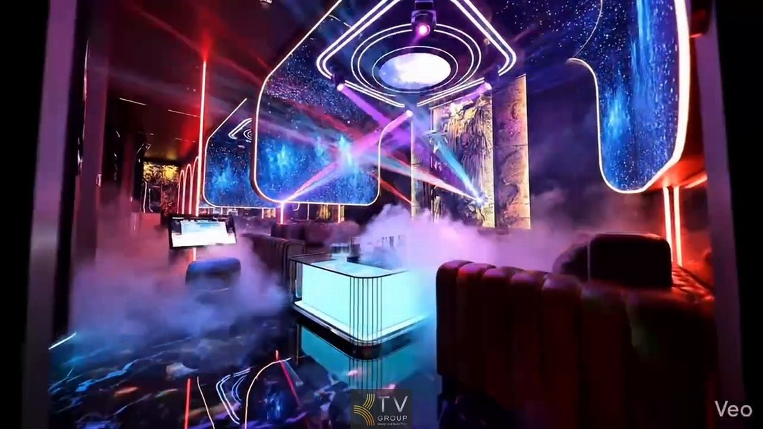 Không gian karaoke KTV cao cấp ứng dụng ánh sáng đa tầng, hiệu ứng sương khói và bố cục mở giúp khách dễ dàng tương tác, phù hợp xu hướng giải trí nightlife và mô hình karaoke lounge hiện đại 