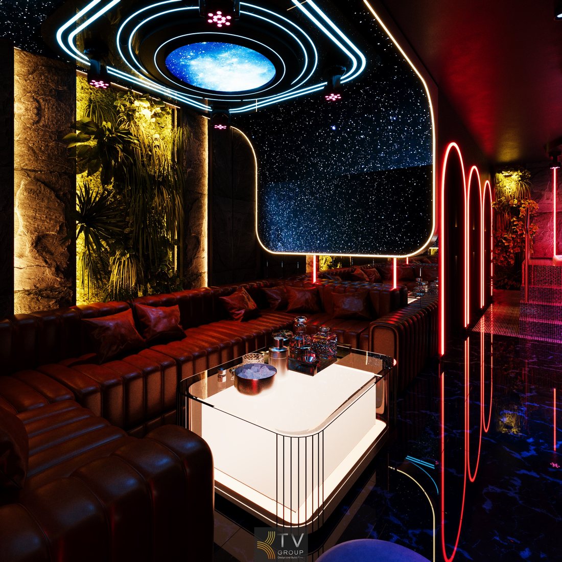 Không gian karaoke KTV sử dụng vật liệu sàn bóng phản chiếu ánh sáng, kết hợp hệ đèn LED và laser giúp nhân đôi hiệu ứng thị giác, mang lại cảm giác rộng rãi và sang trọng hơn 