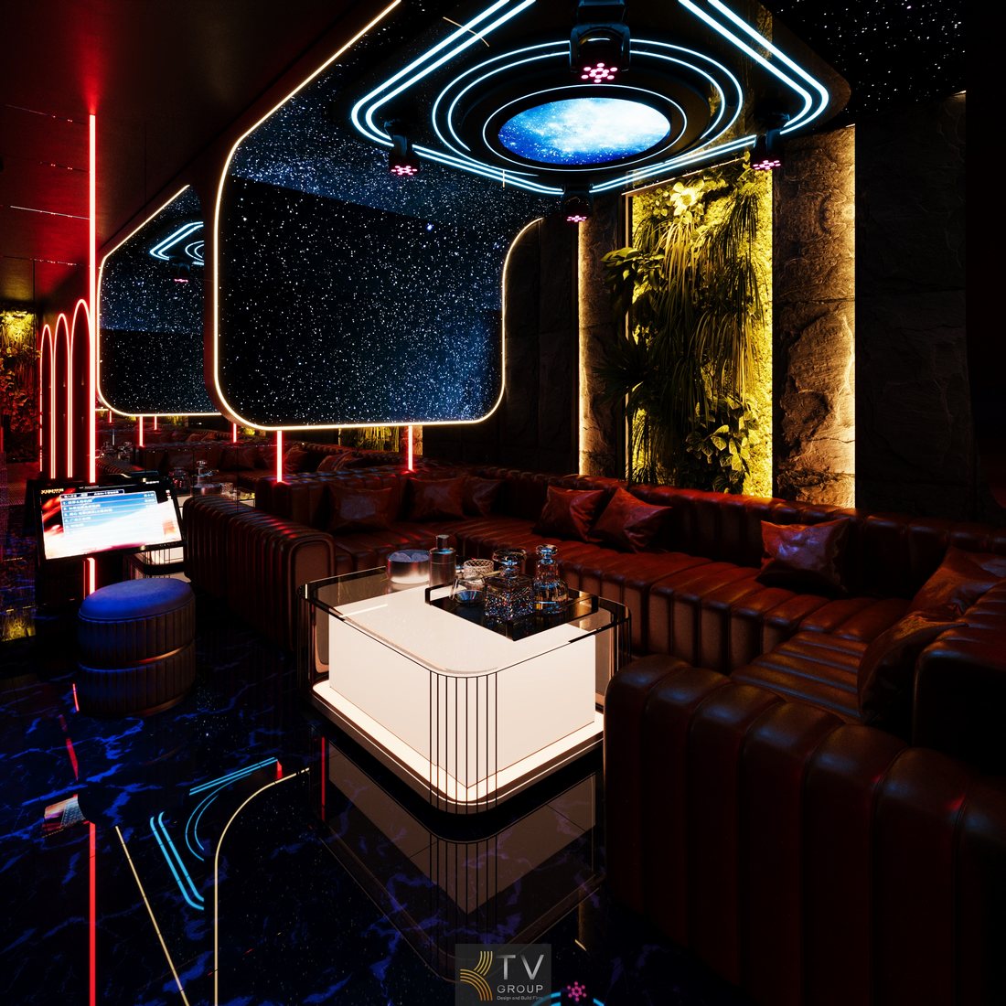 Thiết kế phòng karaoke VIP với hiệu ứng ánh sáng động, hệ trần bo cong hiện đại và không gian mở giúp tối ưu trải nghiệm khách hàng, phù hợp mô hình kinh doanh karaoke cao cấp 
