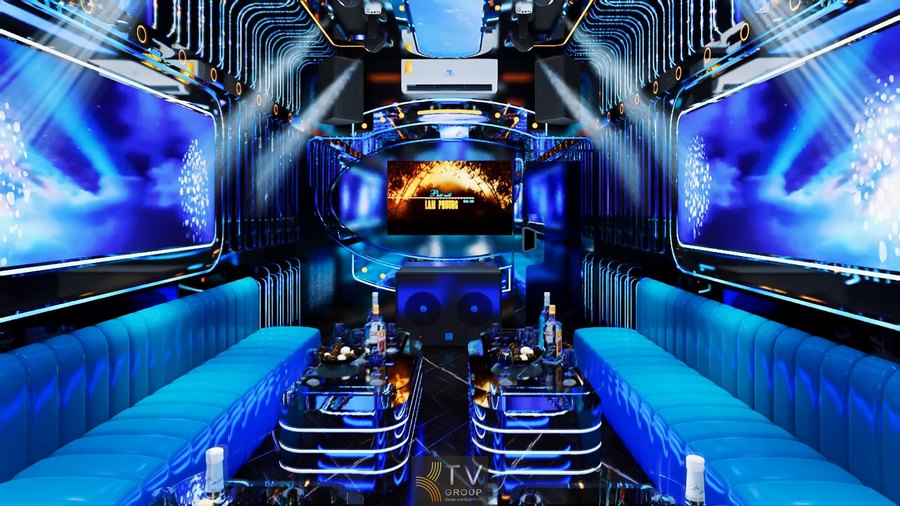 Thi công phòng karaoke KTV tại Bình Dương phong cách công nghệ ánh sáng hiện đại với hệ trần LED, bố cục đối xứng và nội thất cao cấp tạo không gian giải trí chuyên nghiệp và thu hút khách hàng 