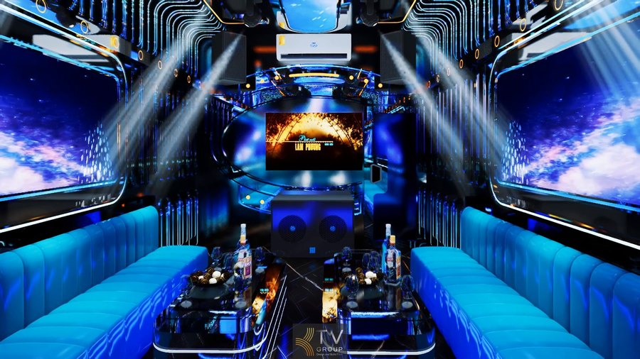 Thi công karaoke tại Bình Dương với thiết kế ánh sáng xanh nổi bật, hệ thống đèn sân khấu và nội thất sofa sang trọng giúp nâng cao trải nghiệm và hiệu quả kinh doanh KTV 
