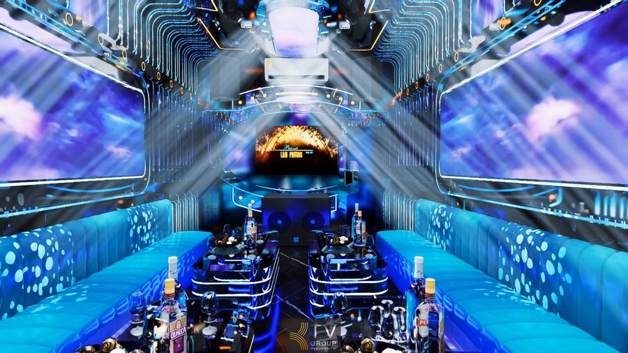 Thi công phòng karaoke hiện đại tại Bình Dương với không gian công nghệ, ánh sáng đa lớp và vật liệu phản chiếu giúp tạo hiệu ứng thị giác mạnh và tăng trải nghiệm khách hàng 