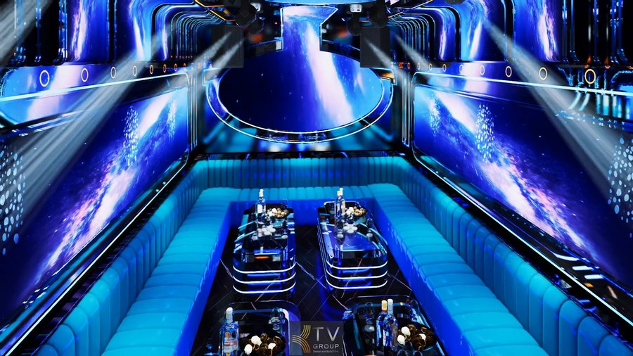 Thi công phòng karaoke tại Bình Dương với bố cục đối xứng, hệ thống đèn LED hiện đại và nội thất sofa dài giúp tối ưu diện tích và tăng công năng sử dụng 