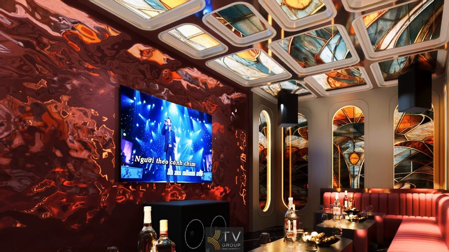 Thi công Karaoke Long An phong cách KTV Luxury nghệ thuật với trần kính màu độc đáo, ánh sáng LED cao cấp và không gian nội thất sang trọng đậm chất giải trí hiện đại 