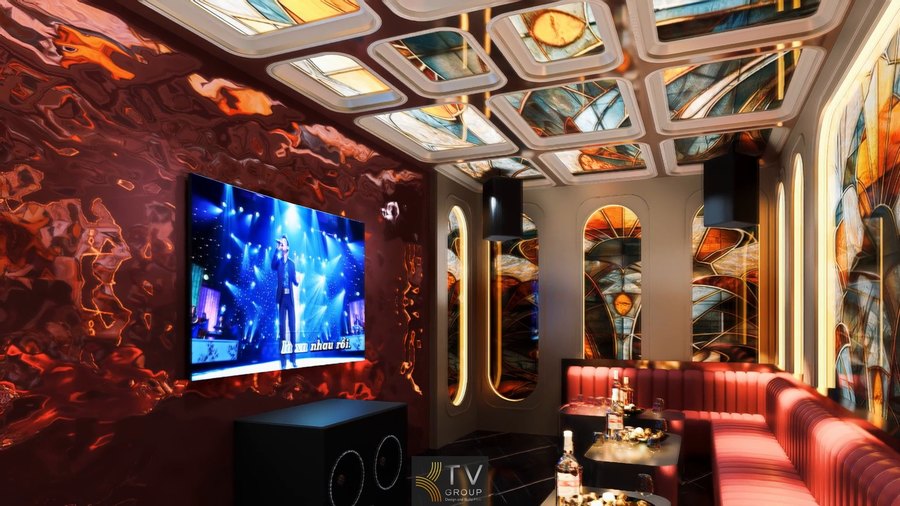Thiết kế KTV Luxury tại Long An nổi bật với tường hiệu ứng nghệ thuật, màn hình lớn trung tâm và hệ thống ánh sáng tạo trải nghiệm karaoke đẳng cấp 
