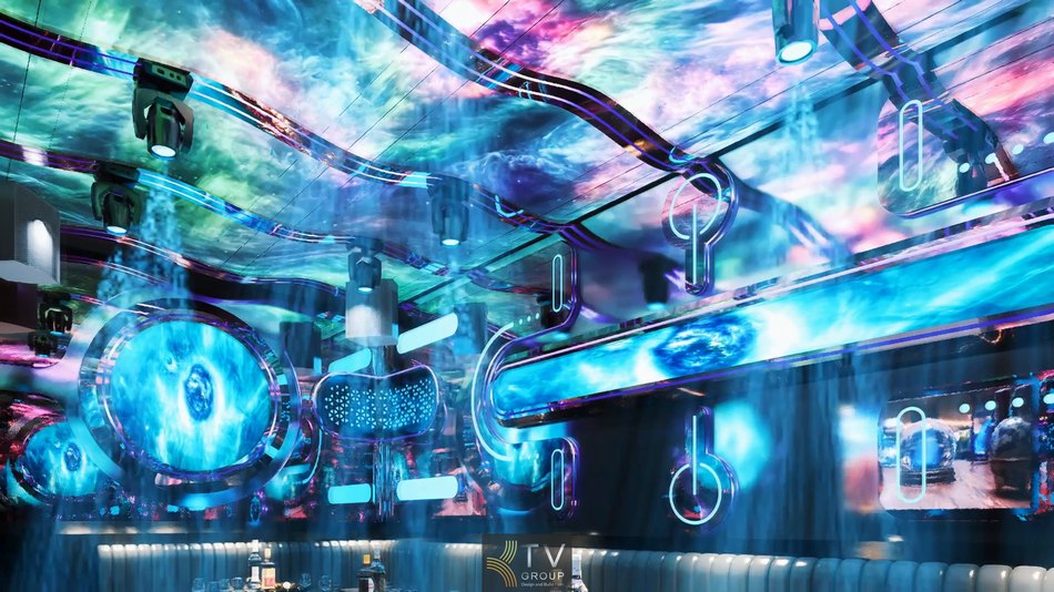 Thi công karaoke Đà Nẵng phong cách KTV vũ trụ LED hiện đại với hệ trần ánh sáng đa lớp, hiệu ứng không gian tương lai và nội thất cao cấp tạo trải nghiệm giải trí đẳng cấp 