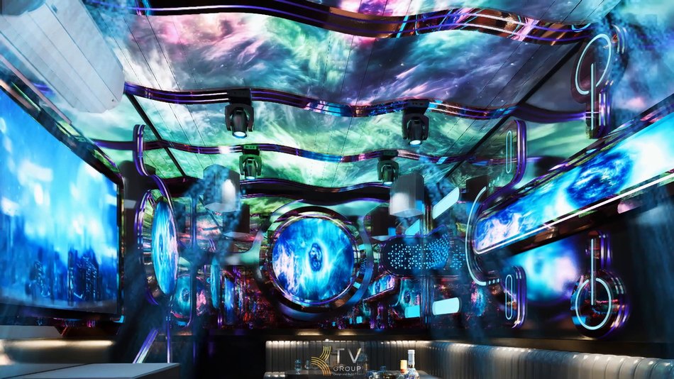Mẫu thi công karaoke Đà Nẵng nổi bật với hệ thống LED lập thể, ánh sáng đa sắc và nội thất sang trọng tạo điểm nhấn ấn tượng cho không gian phòng hátv 