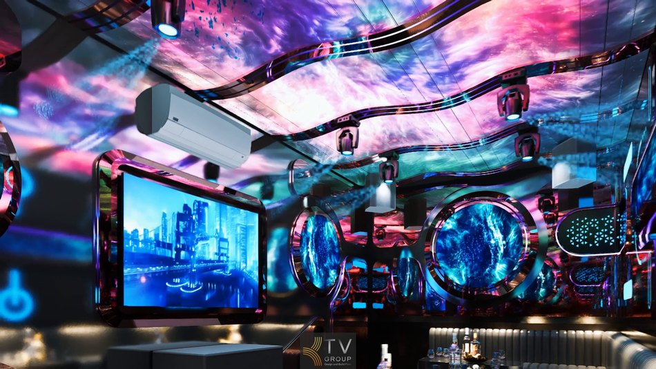 Thiết kế KTV Đà Nẵng phong cách vũ trụ với ánh sáng neon, vật liệu cao cấp và hệ thống âm thanh ánh sáng đồng bộ chuyên nghiệp 