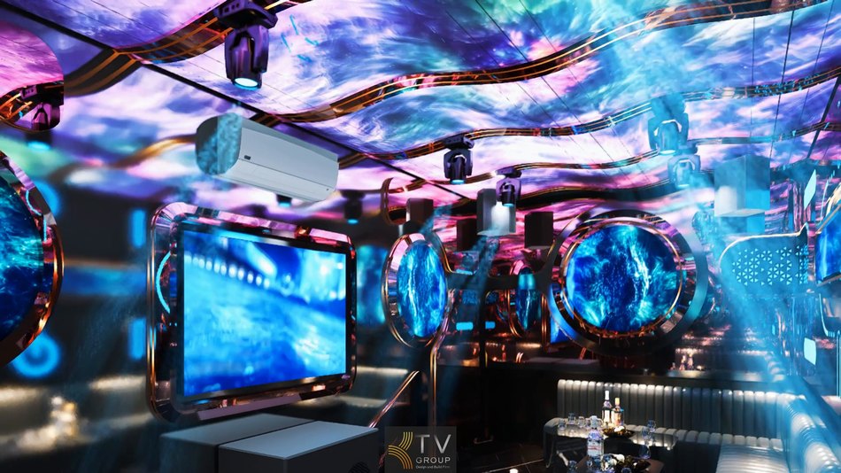 Thi công karaoke Đà Nẵng chuẩn KTV hiện đại với hệ LED trần độc đáo, nội thất sang trọng và không gian giải trí mang phong cách futuristic 