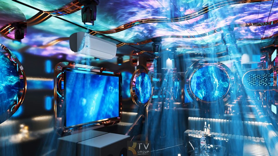Mẫu thiết kế phòng karaoke Đà Nẵng với hiệu ứng ánh sáng vũ trụ, bố cục không gian sáng tạo và trải nghiệm thị giác ấn tượng cho khách hàng 