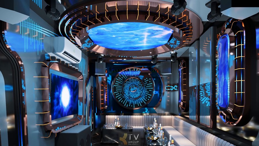 Không gian karaoke sử dụng concept ánh sáng 3D kết hợp hệ thống âm thanh chuyên nghiệp, giúp nâng cao chất lượng trải nghiệm và tạo điểm nhấn khác biệt so với các mô hình karaoke truyền thống.