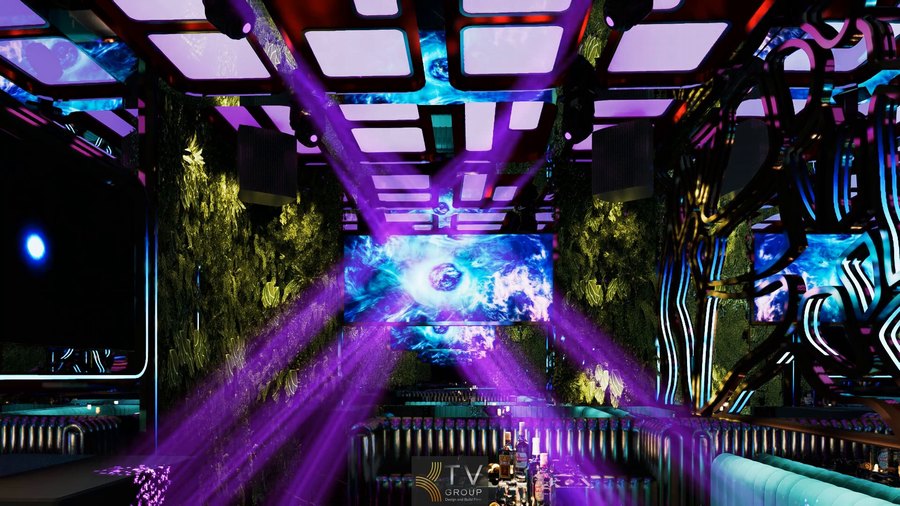 Không gian karaoke hiện đại tại Biên Hòa Đồng Nai với hiệu ứng ánh sáng 3D, bố trí nội thất cao cấp và màn hình hiển thị lớn, giúp nâng cao trải nghiệm khách hàng và tăng hiệu quả kinh doanh. 