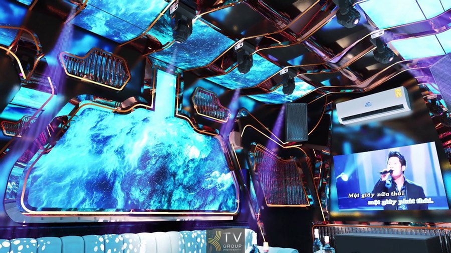 Thiết kế karaoke chủ đề biển tại Vũng Tàu với ánh sáng LED xanh, hiệu ứng đại dương và không gian futuristic thu hút giới trẻ. 