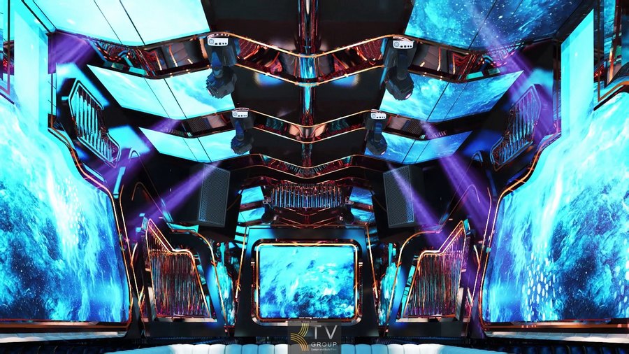 Không gian karaoke tại Vũng Tàu phong cách ocean với hệ LED hiện đại, bố trí âm thanh chuẩn và nội thất sang trọng. 
