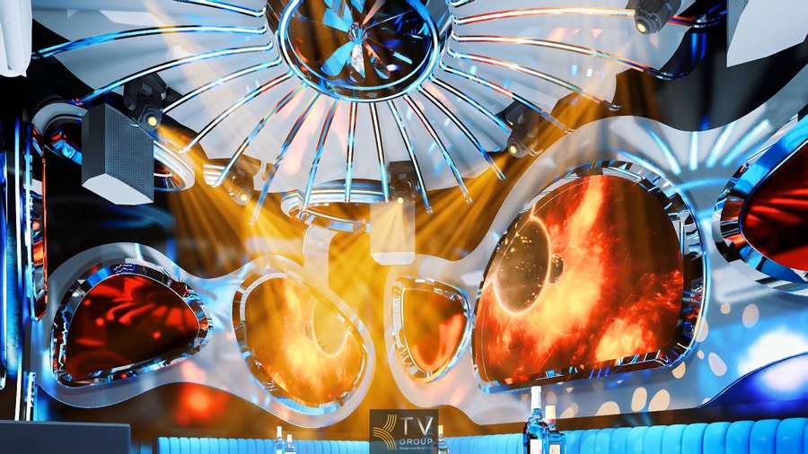 Phòng karaoke cao cấp với hệ thống ánh sáng đa màu, trần thiết kế độc đáo và màn hình lớn, mang lại không gian giải trí sang trọng và trải nghiệm âm thanh ánh sáng chuyên nghiệp. 