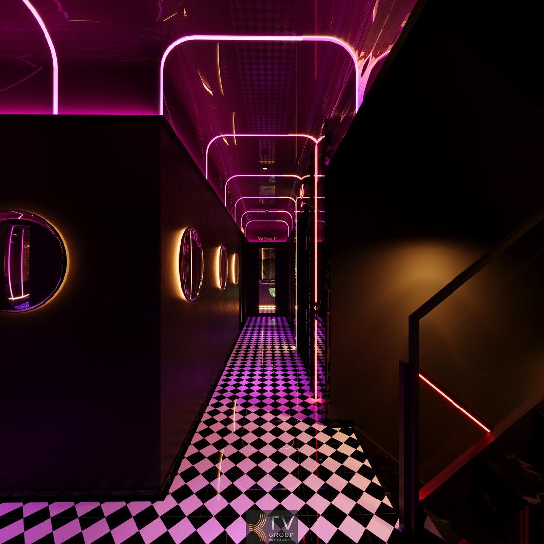 Hành lang spa cao cấp sử dụng ánh sáng âm trần kết hợp LED neon, tạo chiều sâu không gian và cảm giác thư giãn nhẹ nhàng cho khách 