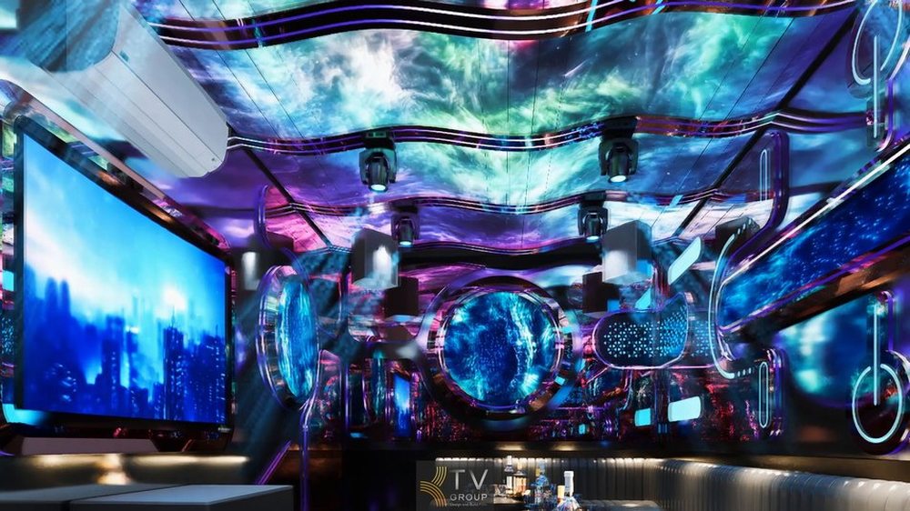 Không gian karaoke cao cấp với nội thất sang trọng và hệ thống âm thanh ánh sáng chuyên nghiệp.  21. Mẫu phòng karaoke hiện đại với thiết kế trần nghệ thuật và hệ thống LED nổi bật cho quán karaoke kinh doanh. 