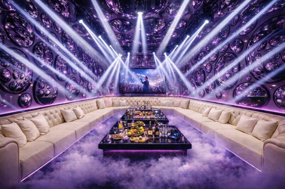 Không gian karaoke cao cấp với hệ thống âm thanh chuyên nghiệp, nội thất hiện đại và thiết kế ánh sáng LED tạo trải nghiệm giải trí ấn tượng. 