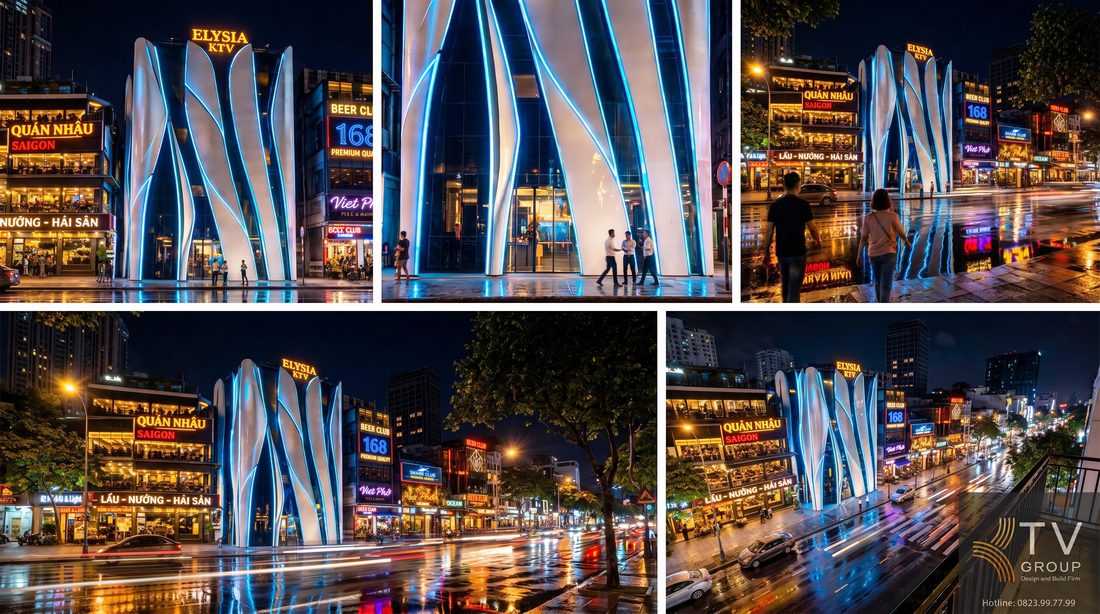 Thiết kế thi công karaoke KTV mặt tiền cánh uốn LED phong cách hiện đại, tạo hiệu ứng ánh sáng nổi bật giữa phố đêm, giúp tăng nhận diện thương hiệu và thu hút khách hàng hiệu quả trong môi trường kinh doanh giải trí cạnh tranh.