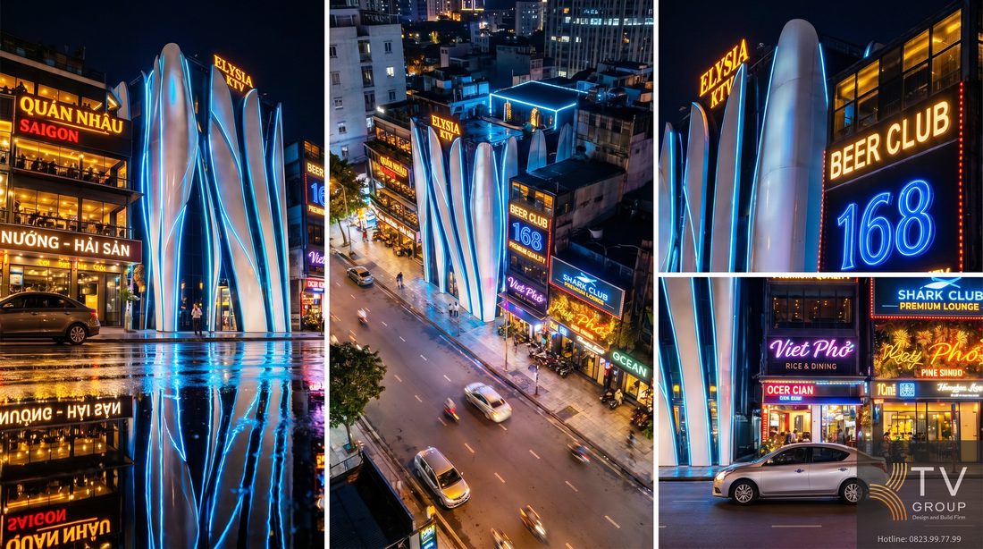 Thi công karaoke KTV nổi bật với hình khối cánh uốn ánh sáng, tạo hiệu ứng chuyển động liên tục, giúp công trình dễ dàng nhận diện từ xa và tăng khả năng thu hút khách trong khu phố đông đúc. 
