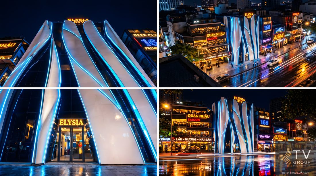 Mẫu thiết kế thi công karaoke KTV cao cấp với mặt tiền ánh sáng chuyển sắc, kết hợp đường cong kiến trúc độc đáo, tạo nên không gian giải trí chuyên nghiệp và khác biệt trên thị trường. 