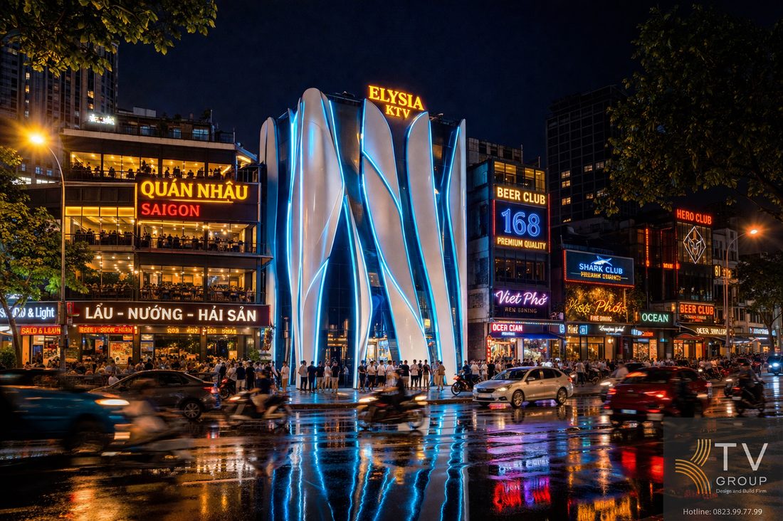 Thiết kế karaoke hiện đại với hệ ánh sáng LED nghệ thuật giúp công trình trở nên nổi bật vào ban đêm, đồng thời tạo điểm check-in lý tưởng, nâng cao trải nghiệm và giữ chân khách hàng.  Alt: