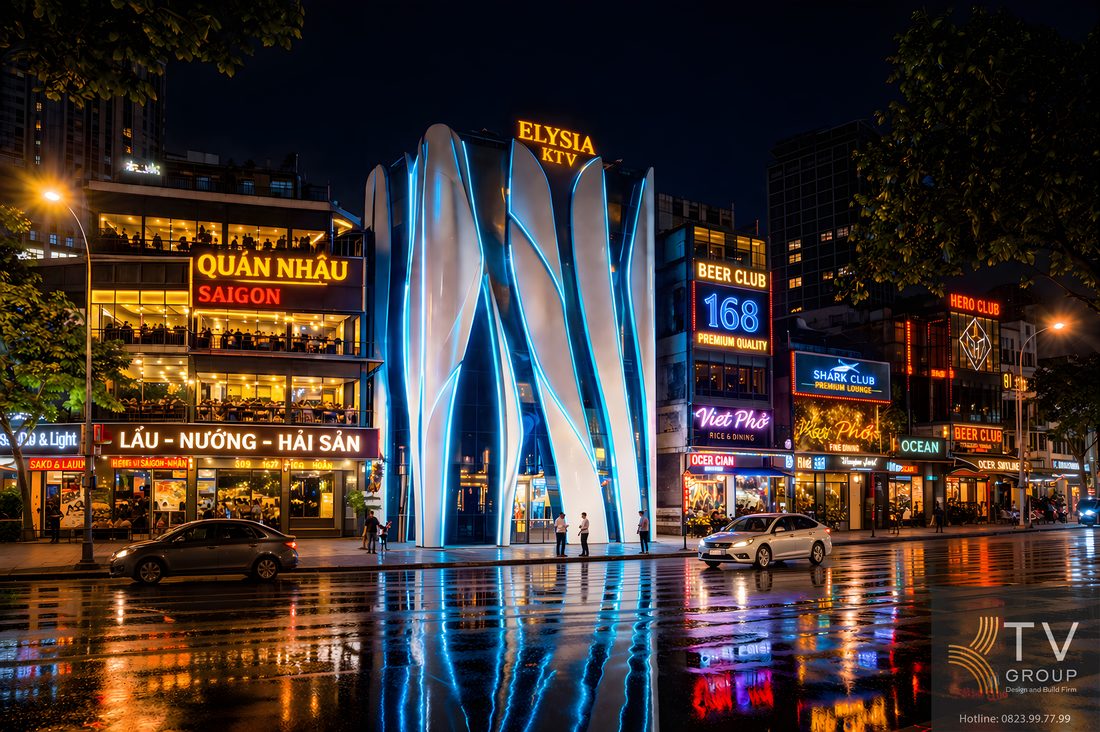 Mặt tiền karaoke KTV sử dụng hệ LED đổi màu kết hợp kiến trúc uốn cong mềm mại, mang lại trải nghiệm thị giác ấn tượng, phù hợp xu hướng thiết kế hiện đại và nâng cao giá trị không gian kinh doanh. 