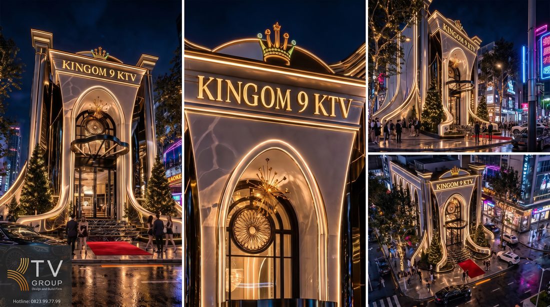 Giải pháp thiết kế KTV cao cấp với mặt tiền sang trọng, vật liệu bền đẹp, ánh sáng nổi bật và đảm bảo an toàn PCCC, tối ưu kinh doanh lâu dài. 