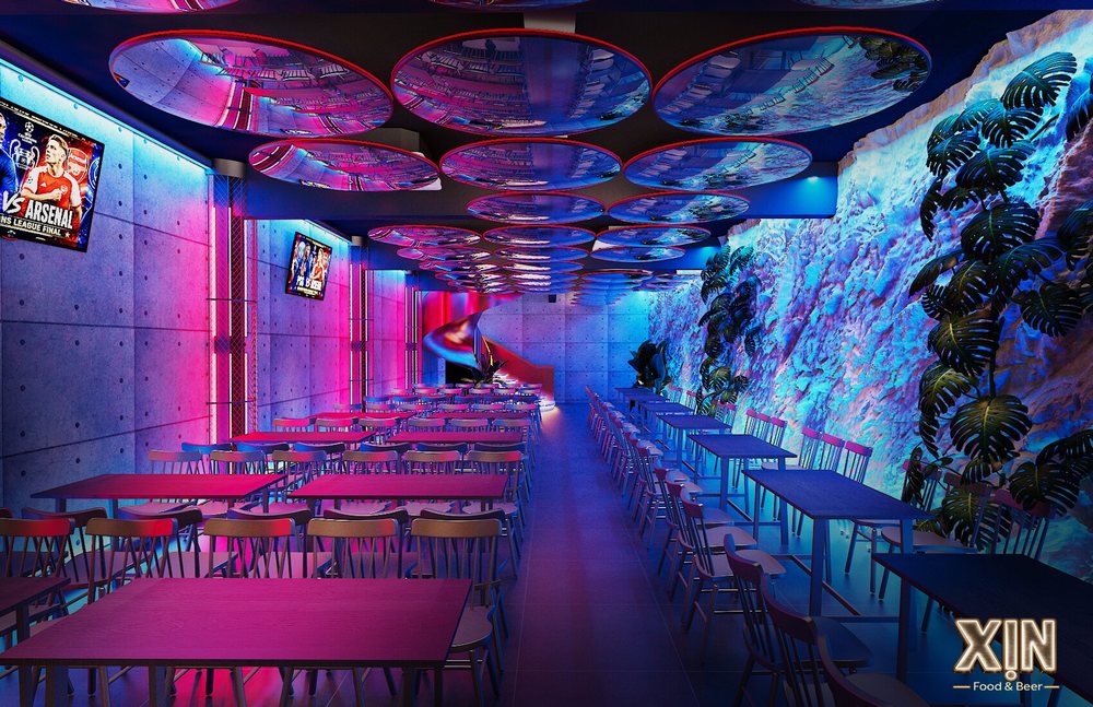 Dự án Thiết Kế Thi Công Beer Garden Food Music phong cách Modern Industrial kết hợp ánh sáng nghệ thuật và kiến trúc ấn tượng. 