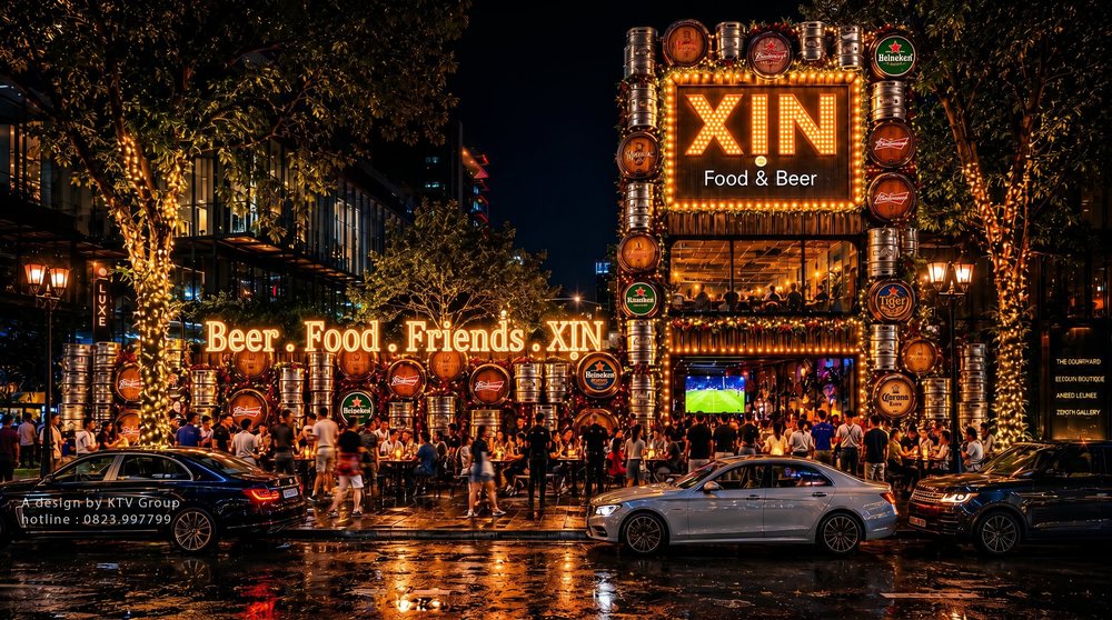 Thiết Kế Thi Công Beer Garden Food Music với mặt tiền hiện đại, bảng hiệu nổi bật và không gian giải trí thu hút khách hàng. 