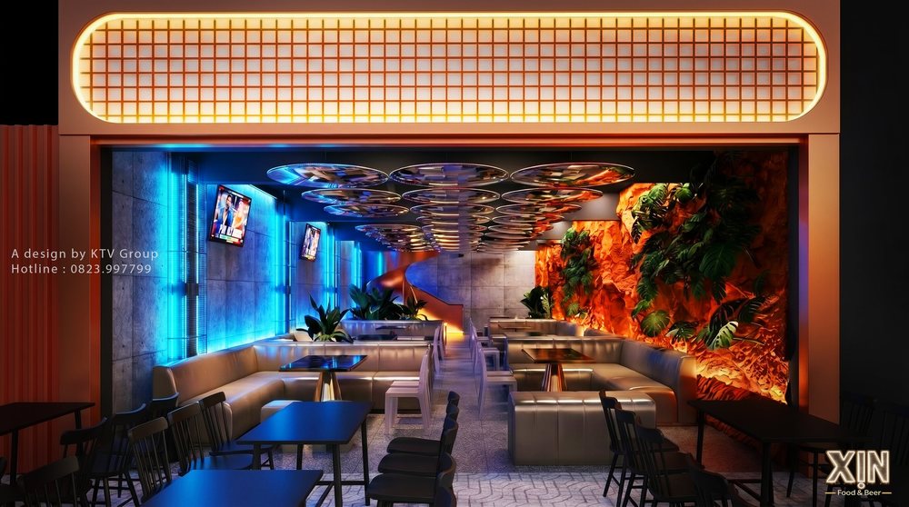 Mẫu Thiết Kế Beer Garden Food Music nổi bật với trần inox gương, tường đá tự nhiên và mảng xanh trang trí độc đáo. 