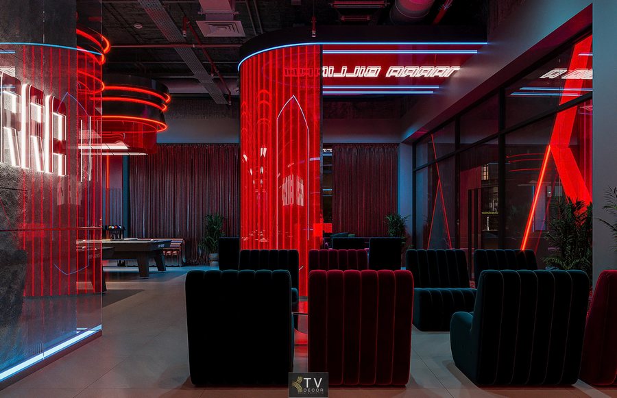 Không gian Bida Billiards 1000m² thiết kế hiện đại, ánh sáng LED nổi bật, bố cục mở, phù hợp vận hành chuyên nghiệp tại TP.HCM. 