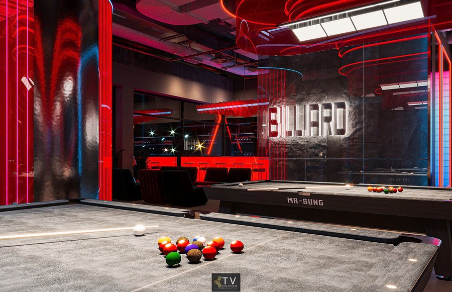 Không gian bàn bida trung tâm trong mô hình Bida Billiards 1000m² tại TP.HCM được thiết kế hiện đại, ánh sáng chuẩn thi đấu, tối ưu công năng và trải nghiệm người chơi. 