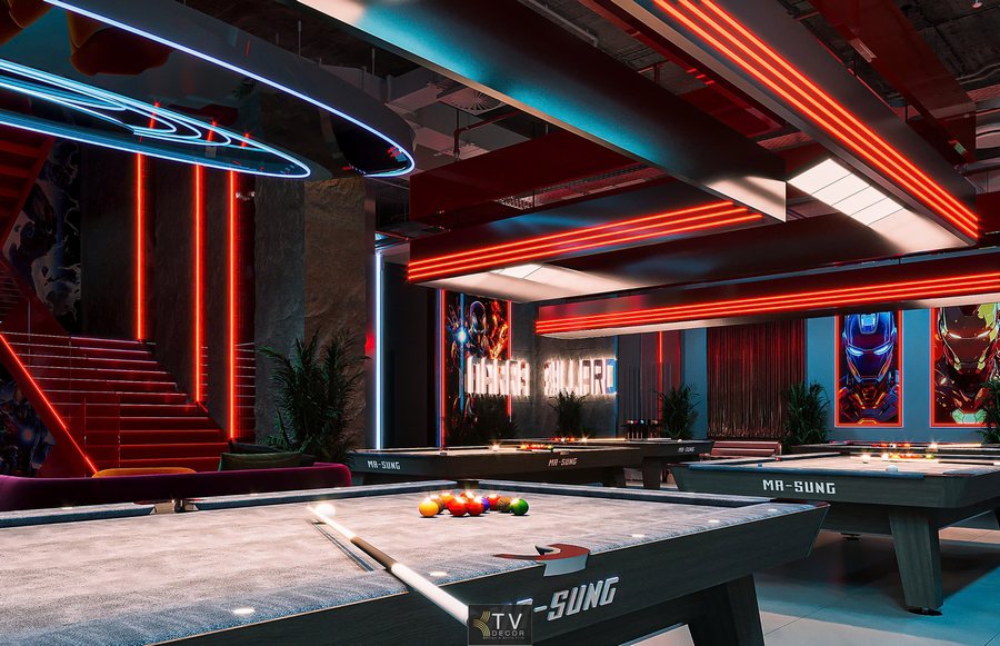 Club bida 10 bàn với trần LED nổi bật, ánh sáng chuyên nghiệp, bố cục khoa học, phù hợp giải trí và thi đấu. Thiết kế thi công club bida 350m² tại TPHCM, không gian hiện đại, mạnh mẽ, nâng cao trải nghiệm người chơi. 