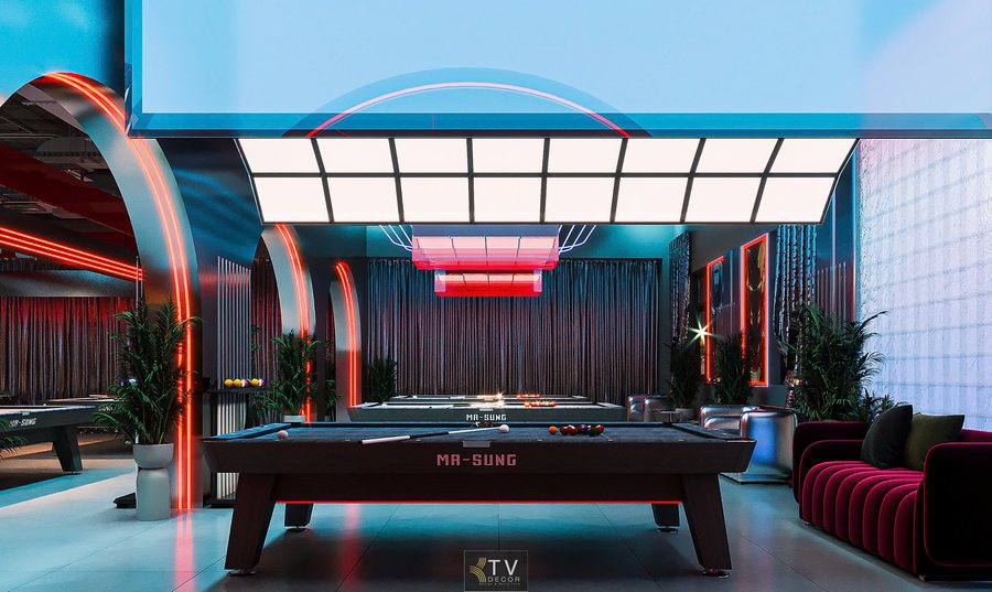 Thiết kế thi công bida billiards 10 bàn 350m² với trần LED panel vuông kết hợp ánh sáng vòm cong, bố cục mở, tối ưu thi đấu và trải nghiệm giải trí