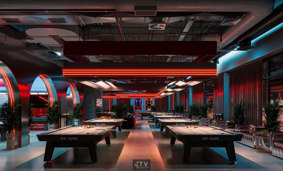 Thiết kế CLB bida billiards 10 bàn diện tích 350m² với bố cục khoa học, ánh sáng tiêu chuẩn, trần cao và phong cách hiện đại