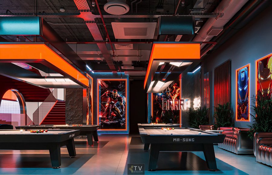 Thiết kế CLB bida billiards 10 bàn 350m² với trần cao, ánh sáng LED khối, bố cục khoa học và không gian giải trí hiện đại 