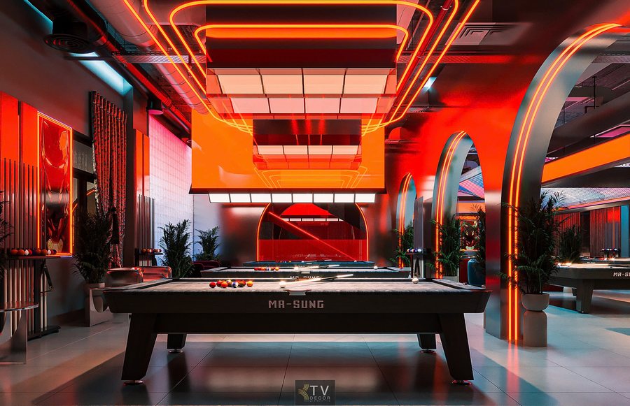 Thiết Kế Thi Công Bida Billiards 10 Bàn 350m² Phong Cách Futuristic Lounge 