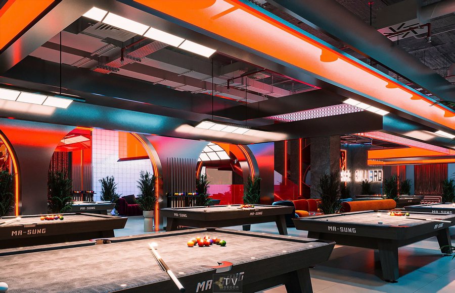 Góc toàn cảnh đối xứng không gian thi đấu với trần kỹ thuật mở. Hệ thống chiếu sáng đều, màu sắc tương phản mạnh, bàn bida bố trí chuẩn khoảng cách thi đấu. Góc nhìn ban ngày giả lập ánh sáng với LED trần sáng đều. Không gian rõ nét, vật liệu hoàn thiện cao cấp, phù hợp vận hành liên tục trong mô hình Bida Club.