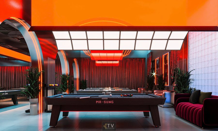 Mô hình bida billiards 10 bàn diện tích 350m² là dạng không gian giải trí chuyên nghiệp, hướng đến cả nhu cầu thi đấu lẫn thư giãn cao cấp. Khác với các phòng bida truyền thống, thiết kế hiện đại tập trung vào trải nghiệm tổng thể: ánh sáng, âm thanh, bố cục và cảm xúc không gian. 