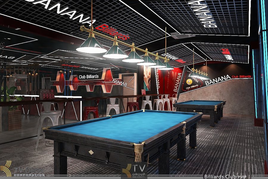 Thiết kế thi công Bida Billiards Club hiện đại với bàn bida pool 9ft, trần lưới kim loại, đèn treo chuyên dụng, bố trí khoa học cho mô hình CLB 20 bàn trên diện tích 700m², phù hợp kinh doanh và thi đấu. 