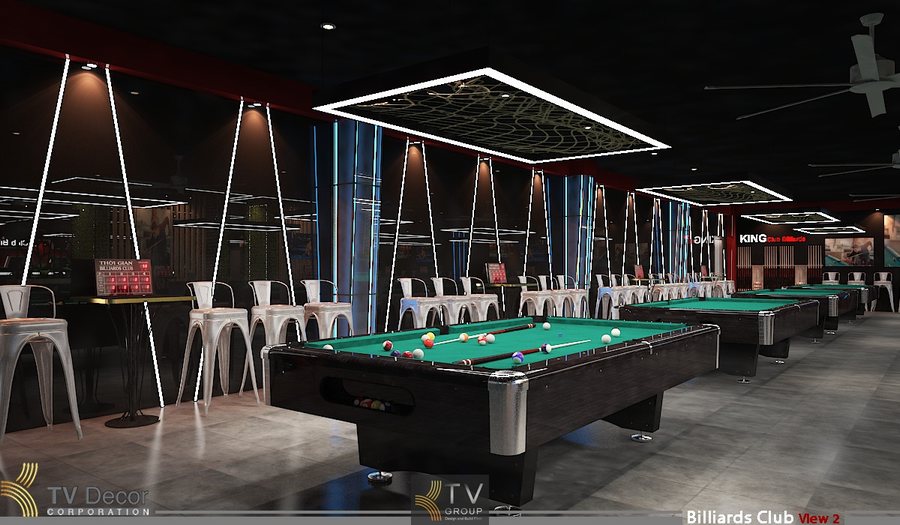 Không gian Billiards Club hiện đại với ánh sáng chuẩn và bố cục bàn khoa học. Thiết kế bida tối ưu trải nghiệm chơi và hiệu quả kinh doanh bền vững. 